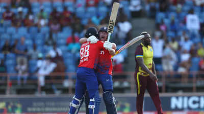 Watch: Harry Brook's last-over assault after Phil Salt century scripts England's crazy T20I win over Windies