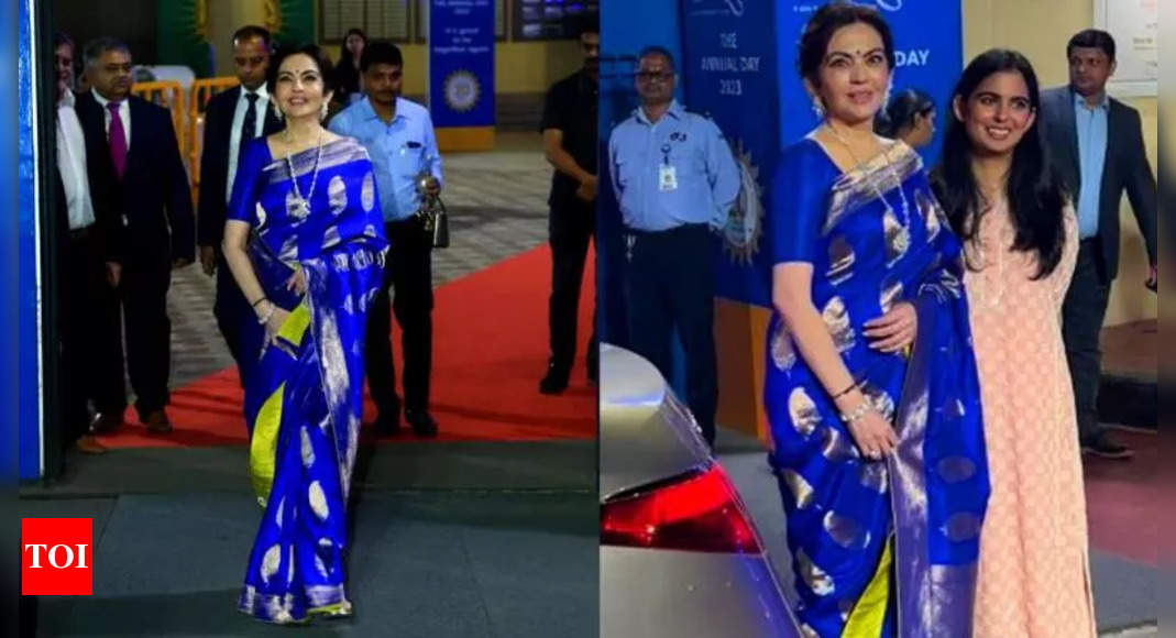 Nita Ambani looks regal in a blue and gold silk sari