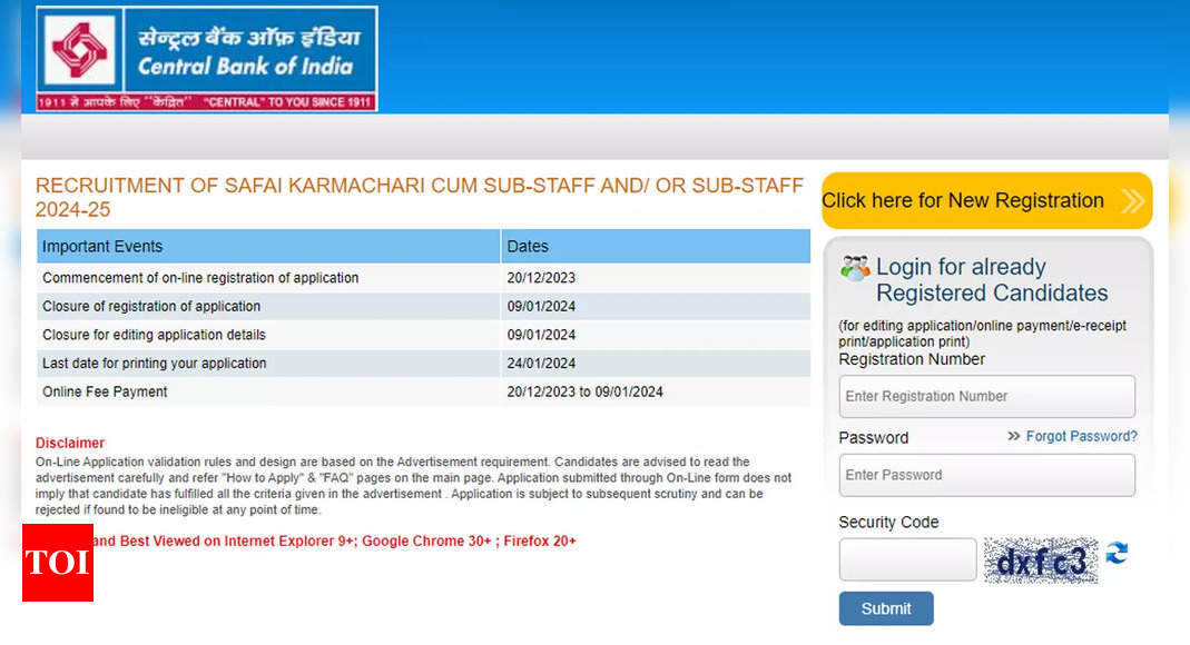 Central Bank of India Recruitment 2023: Application Registration for 484 Sub-Staff positions begins at centralbankofindia.co.in