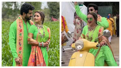 Bride-to-be Shrenu Parikh enters her haldi ceremony on a scooty wearing a Nauvari saree; twins with groom Akshay Mhatre in green outfits