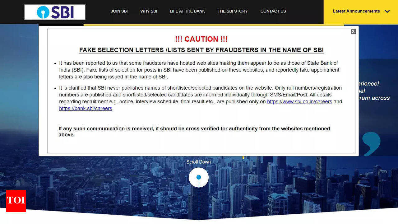 SBI Warns Applicants: SBI warns applicants about fake selection lists on  websites - Times of India