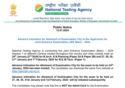 JEE Main 2024: Exam city slip out for B.Arch, B.Planning at jeemain.nta.ac.in; download here