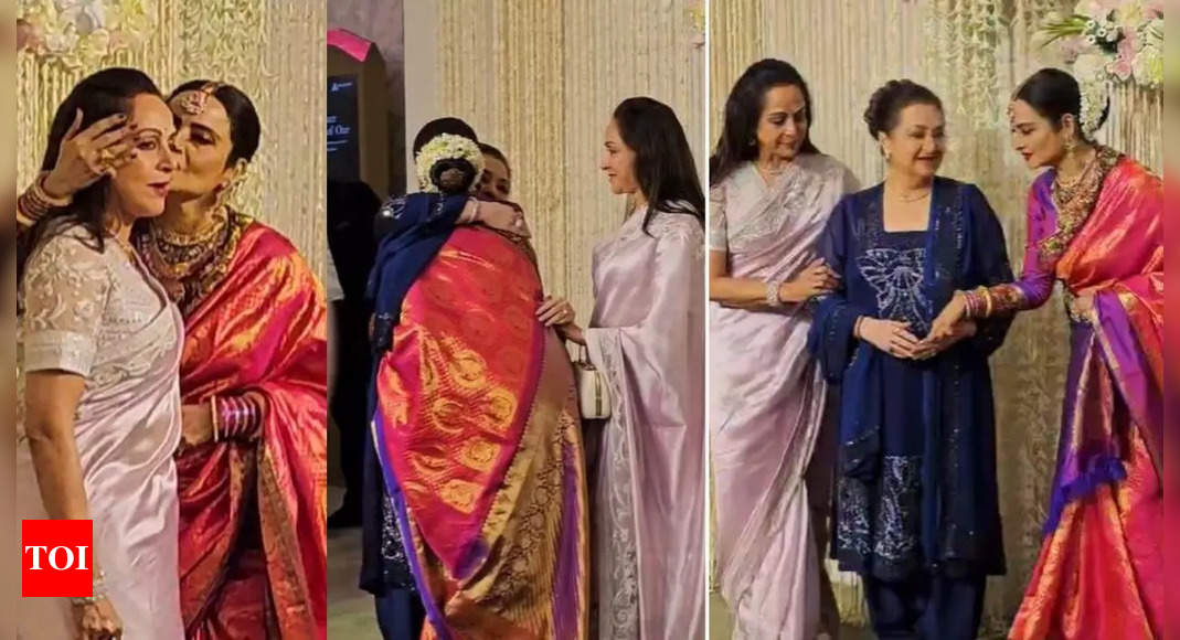 Rekha kisses Hema Malini, shares a long hug with Saira Banu at Ira Khan ...