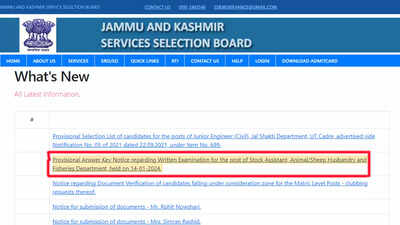 JKSSB Stock Assistant Answer Key 2024 Released at jkssb.nic.in; Download here