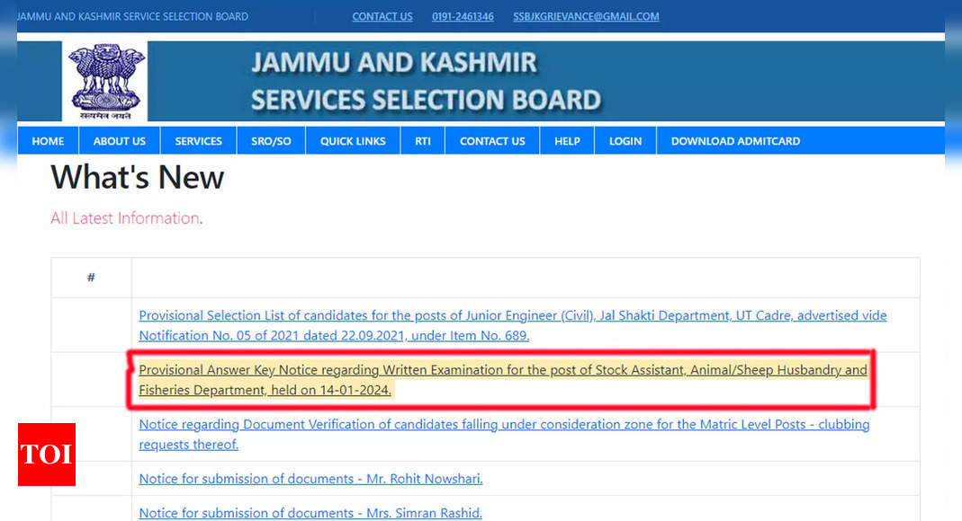 JKSSB Stock Assistant Answer Key 2024 Released at jkssb.nic.in; Download here