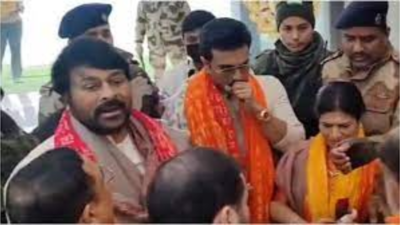 Father Chiranjeevi and son Ram Charan arrive in Ayodhya for Pran Pratishtha