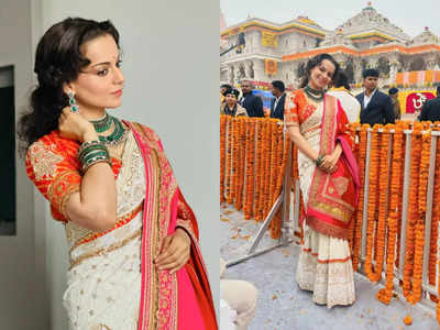 ​Kangana Ranaut wore a sari with kanchuli featuring Lord Krishna holding a garland to welcome Lord Ram