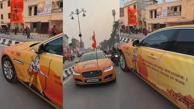 Ram Mandir on wheels: Jaguar XF in stunning temple-inspired saffron wraps goes viral