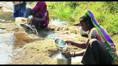 Women dig pits near nullahs to get drinking water in Alirajpur villages