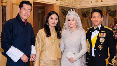 Bhutan’s king and queen attend royal wedding reception of Brunei prince in custom-made outfits by Manav Gangwani