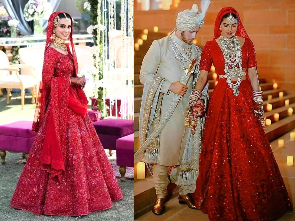 Brides In Surreal Replicas Of Priyanka Chopra's Red Lehenga + Where To Buy  Them! | Couple wedding dress, Indian wedding couple photography, Wedding  reception gowns