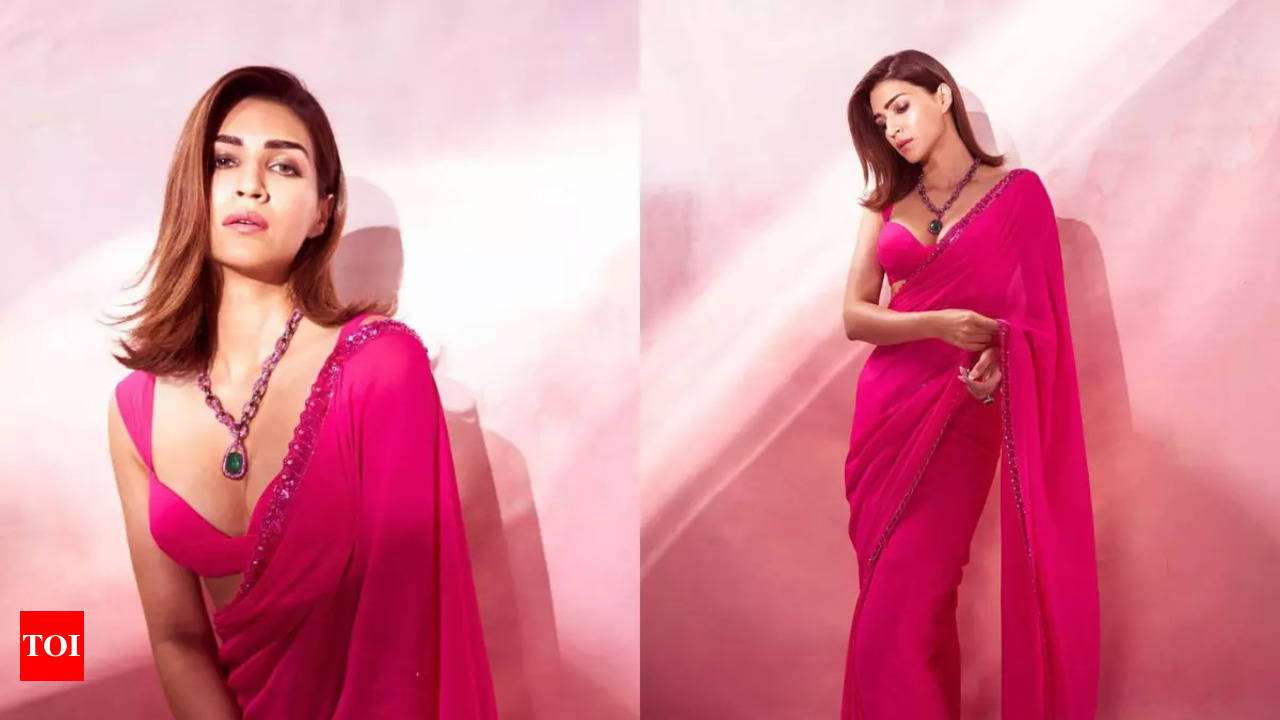 Kriti Sanon stuns in a pretty pink saree with a floral blouse. See