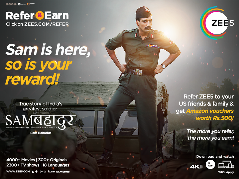 Introduce Sam Bahadur and more to your US connections with ZEE5 Global's 'Refer and Earn' program; win Amazon vouchers