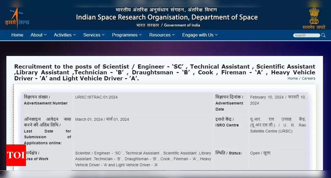 ISRO Recruitment 2024: Apply for Scientist, Technical Assistant, different posts at isro.gov.in | – Instances of India