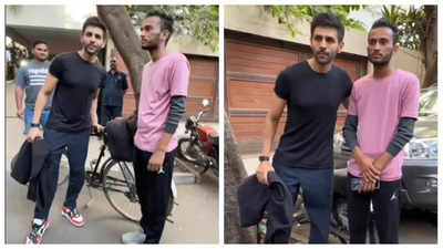 Kartik Aaryan interacts with a fan who travelled 1100 km on a cycle from Jhansi to meet him - See photos
