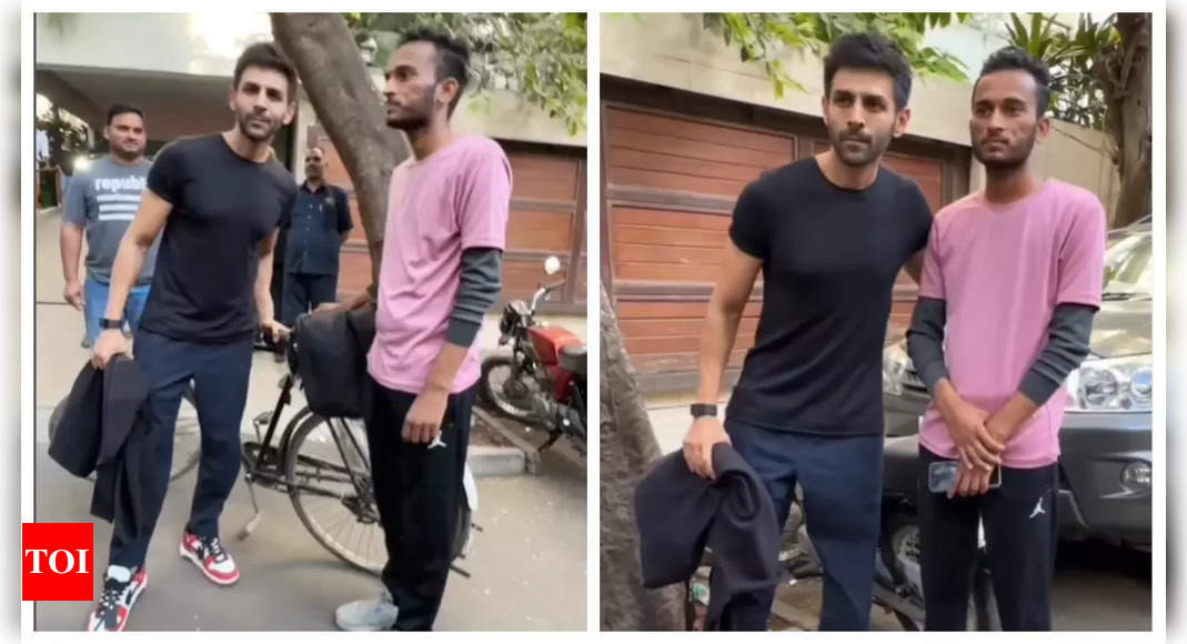 Kartik Aaryan interacts with a fan who travelled 1100 km on a cycle from Jhansi to meet him – See photos |