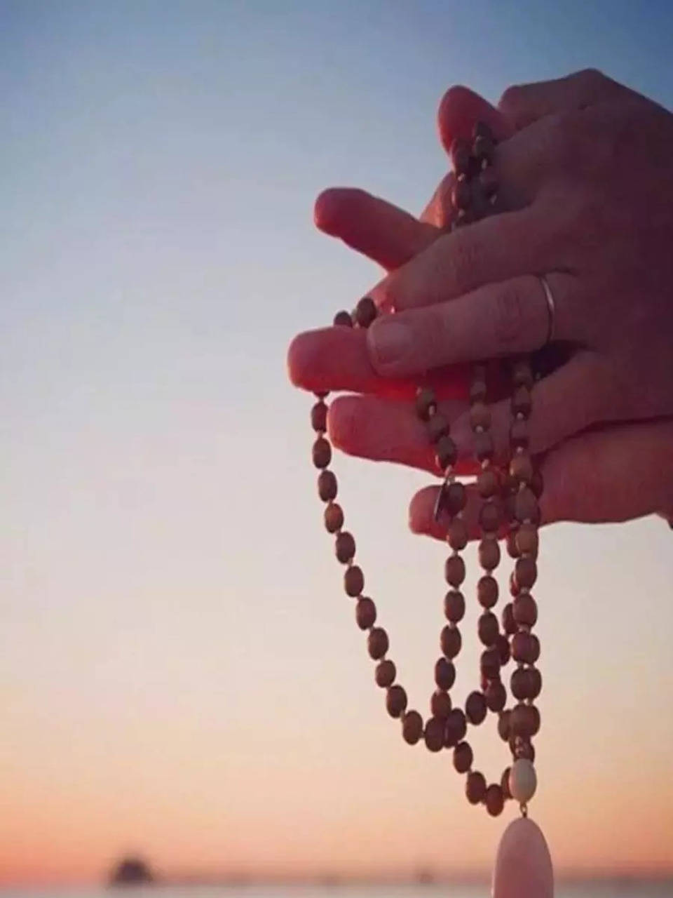 Hand Holding Indian Rudraksha / Japa Mala Prayer Beads Over