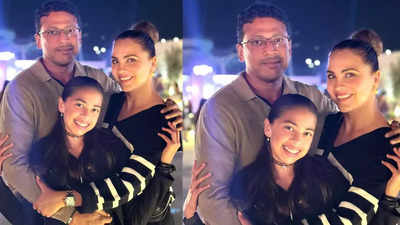 Lara Dutta, Mahesh Bhupathi, and daughter Saira pose for a perfect family picture on the occasion of the couple’s 13th anniversary