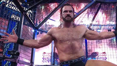 ​Drew McIntyre reacts after men's WWE Elimination Chamber 2024 victory
