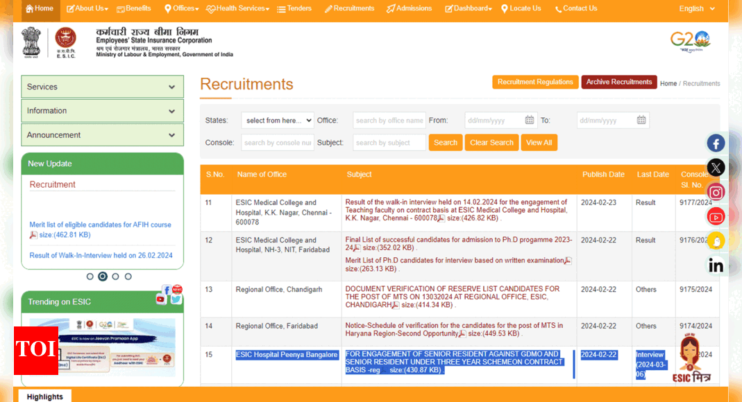 ESIC Recruitment 2024: ESIC conducts ‘walk-in interview’ for Senior Resident and GDMO posts; Apply here – Times of India
