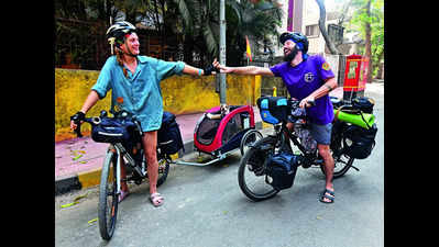 ‘It’s demanding, but so much fun’: European couple cycling from Auroville to Italy with pet reach Mumbai