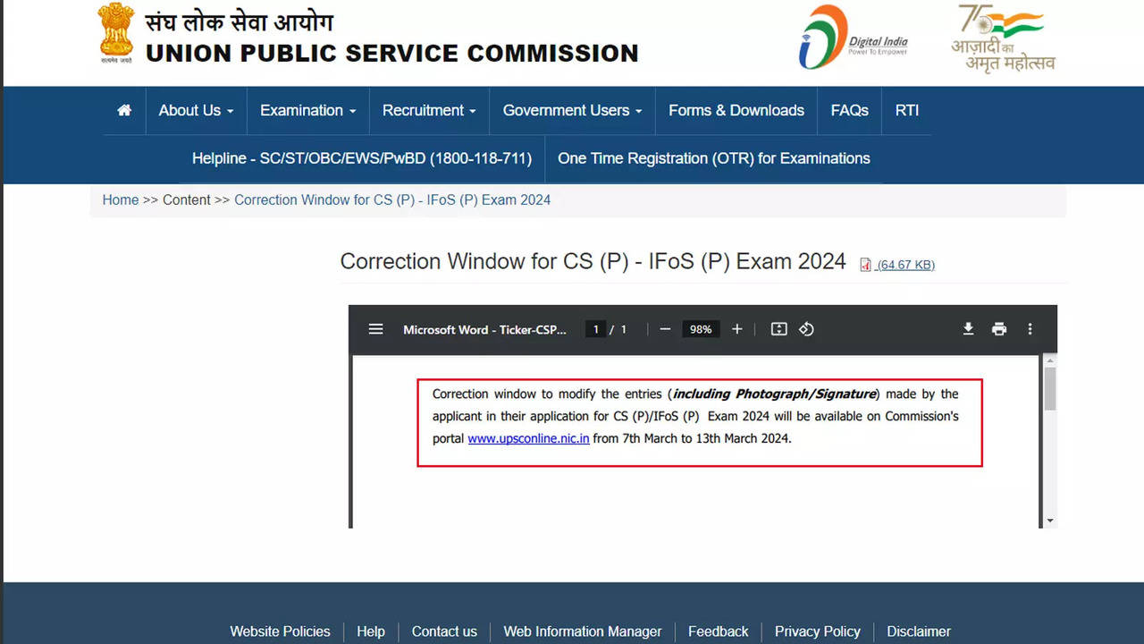 UPSC Prelims Application Correction Window Open from today