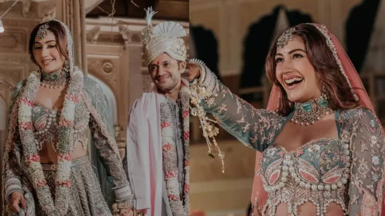 Surbhi Chandna Is a Sight To Behold in a Pearls-Embellished Pastel Green  and Peach Bridal Lehenga, View Pics of Her Bridal attire | 👗 LatestLY