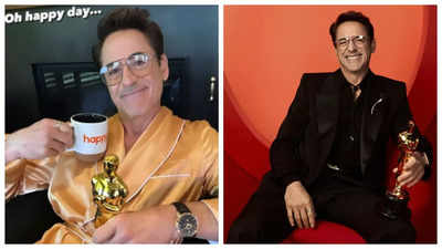Robert Downey Jr shares a 'happy' photo with his Oscar trophy; Johnny Depp, Russo brothers send him love