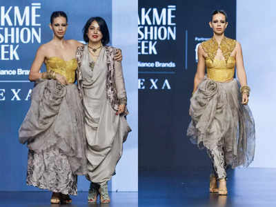 Kalki Koechlin rocks golden corset and textured skirt by Aikeyah at Lakme Fashion Week