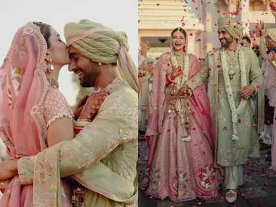 Bride and groom Kriti Kharbanda-Pulkit Samrat stun in blush pink and ...