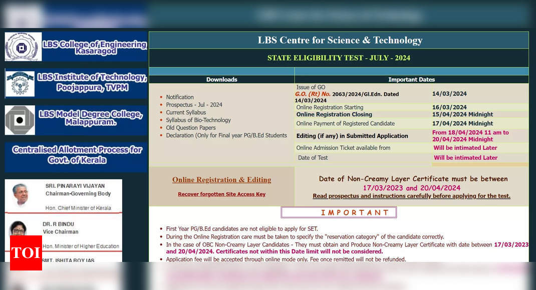 Kerala SET July 2024 registration begins at lbsedp.lbscentre.in, direct link here