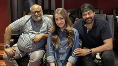 Trisha shares a moment from the 'Vishwambhara' musical session with Chiranjeevi and MM Keeravani, saying "divine and legendary."