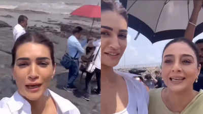 Kriti Sanon and Tabu share a risky BTS video from 'Crew' set amid cyclone alert in Mumbai