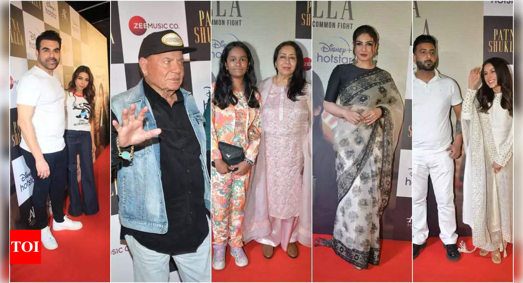 Raveena Tandon, Arbaaz Khan, wife Sshura Khan and family, Satish Kaushik’s daughter Vanshika and wife Shashi Kaushik among other celebs attend Patna Shuklla screening | Hindi Movie News