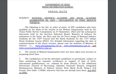 UPSC NDA result 2023 OUT for NA 2: 699 candidates qualified, direct link to check final result