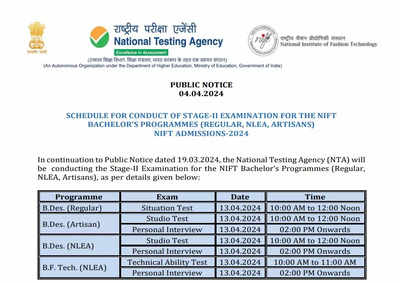 NIFT BDes, BFTech Stage 2 exam schedule out at nift.ac.in, check exam dates here