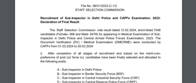 SSC Delhi Police, CAPF SI final results 2023 declared at ssc.gov.in; 1,865 candidates selected