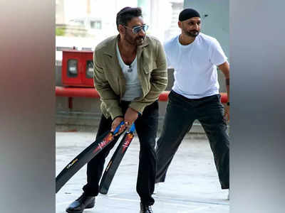 Ajay Devgn enjoys cricket session with Harbhajan Singh, check out pictures