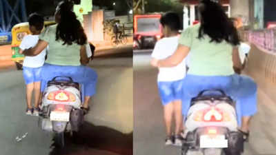 Viral video shows Bengaluru parents riding scooter with child standing on pillion footrest