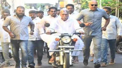 Puducherry CM N Rangasamy rides Yamaha RX 100 to polling station