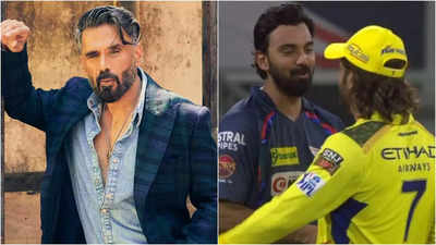 Suniel Shetty reacts to KL Rahul taking off his cap before shaking hands with MS Dhoni after LSG's victory over CSK