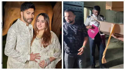 Parents-to-be Varun Dhawan and Natsaha Dalal give out gifts to paparazzi after baby shower celebration - See photo