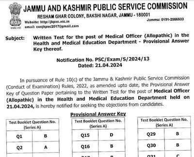 JKPSC MO 2024 answer key released at jkpsc.nic.in, objection window opens till April 24