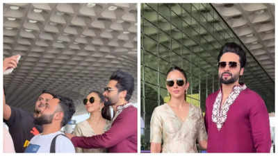 Watch: Jackky Bhagnani gets protective towards wife Rakul Preet Singh as fans try to take selfies at the airport