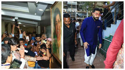 Amitabh Bachchan pays his respect to late Lata Mangehkar as he attends Deenanath Mangeshkar Awards with son Abhishek Bachchan - See photos