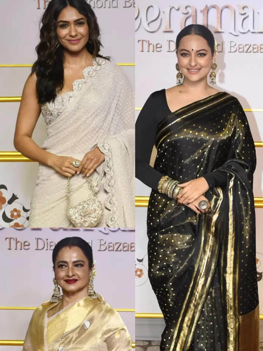 Rekha, Sonakshi, Mrunal, & other actresses dazzle in sarees at ‘Heeramandi’ premiere