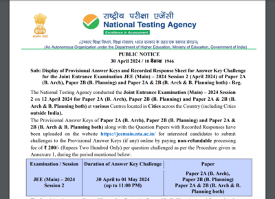JEE Mains 2024 Session 2 Answer Key out for Paper 2, raise objections by tomorrow: Direct link here