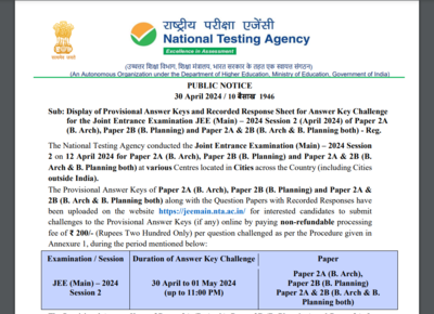 JEE Mains 2024 Session 2 Answer Key out for Paper 2, raise objections ...