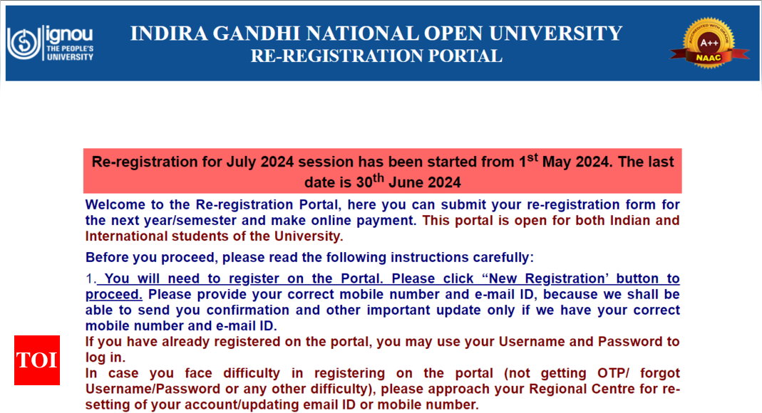 IGNOU July 2024 re-registration begins at onlinerr.ignou.ac.in, direct link to apply – Times of India