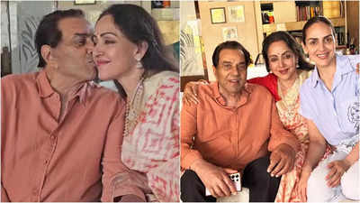 Dharmendra plants a kiss on Hema Malini's cheeks in unseen pictures from their 44th wedding anniversary, Esha Deol joins them